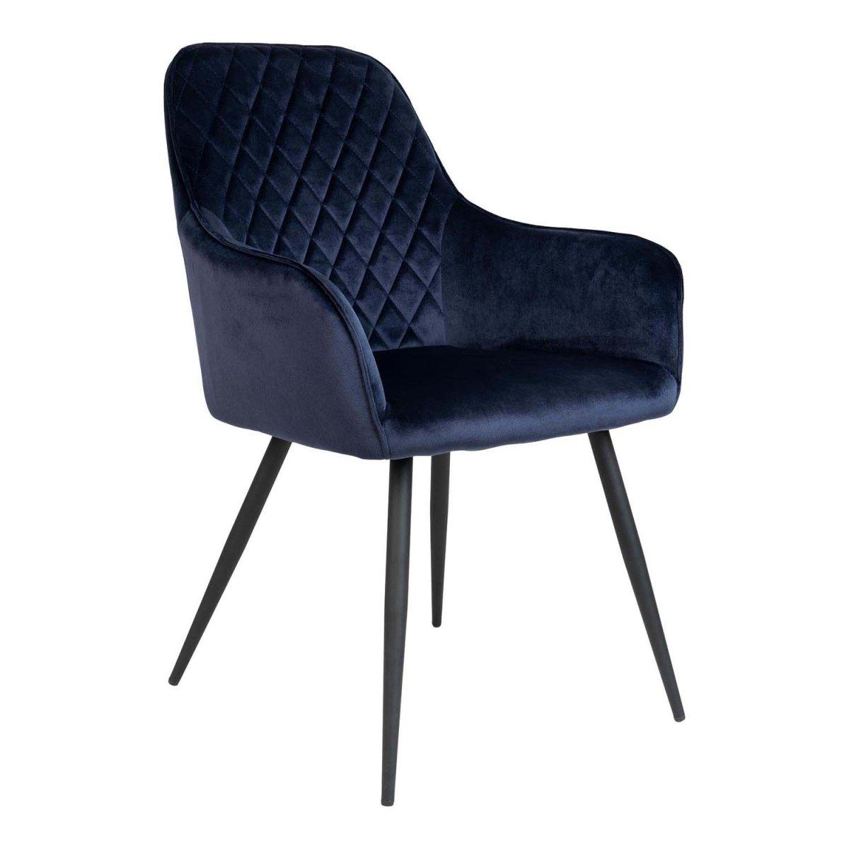 House Nordic Harbo spisebordsstol med armlener i blå velour og metallramme