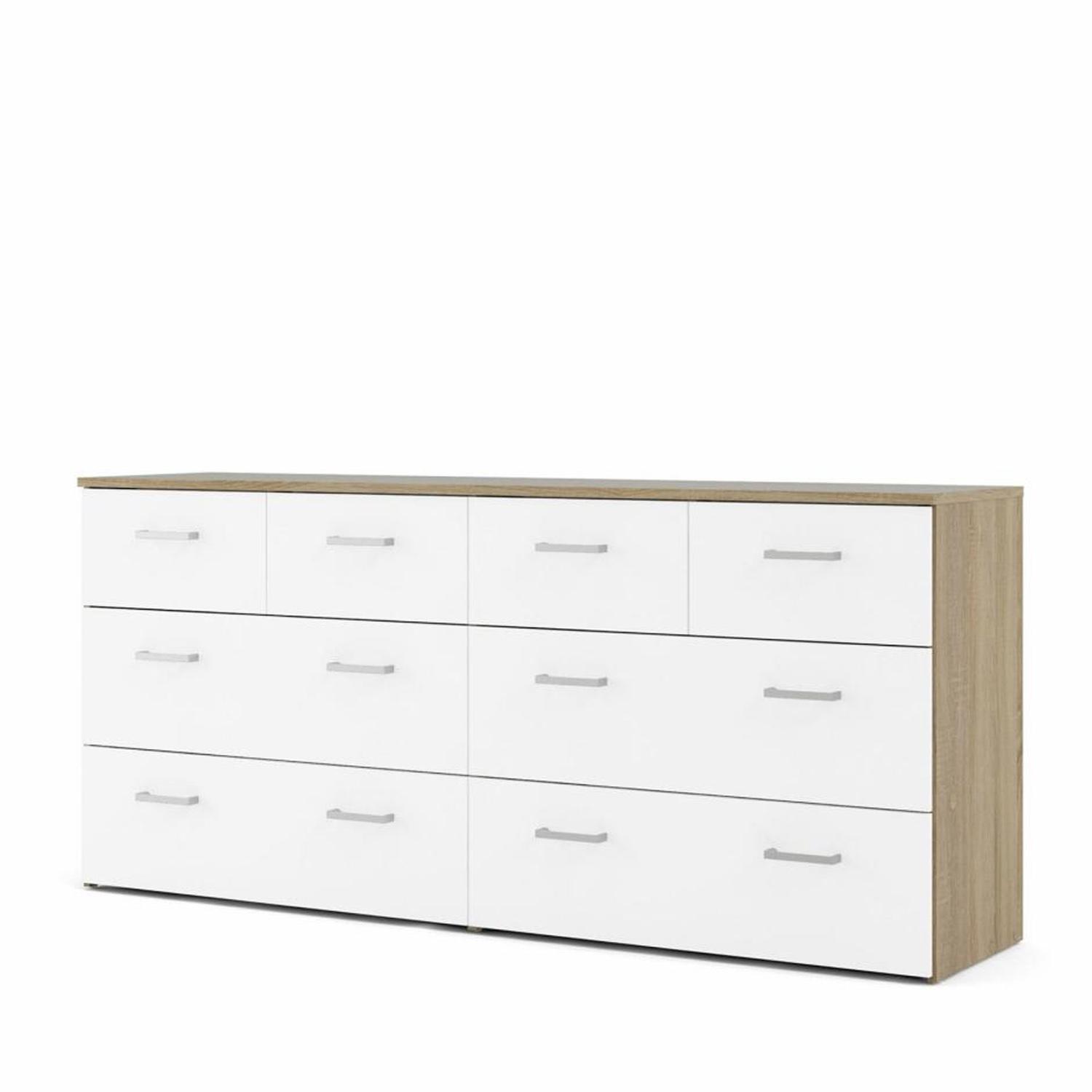 Tvilum Space kommode med 8 skuffer i hvit og eikefinerlook, sett forfra