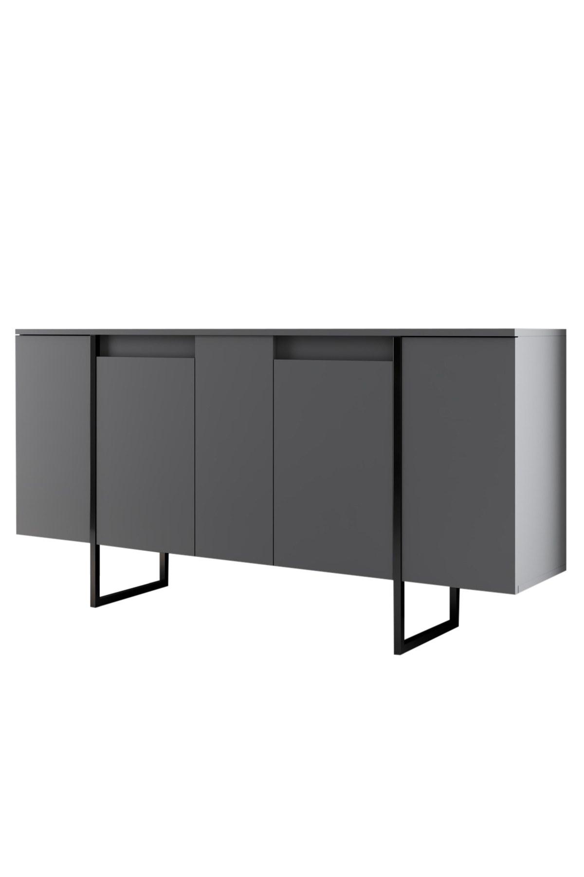 Nordvärk Luxe konsollbord i antrasitt melamin med svart metall, fire dører og fire hyller, 160x35 cm
