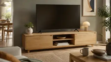 TV-benk i eik og hvitt i en moderne stue med flatskjerm og oppbevaring