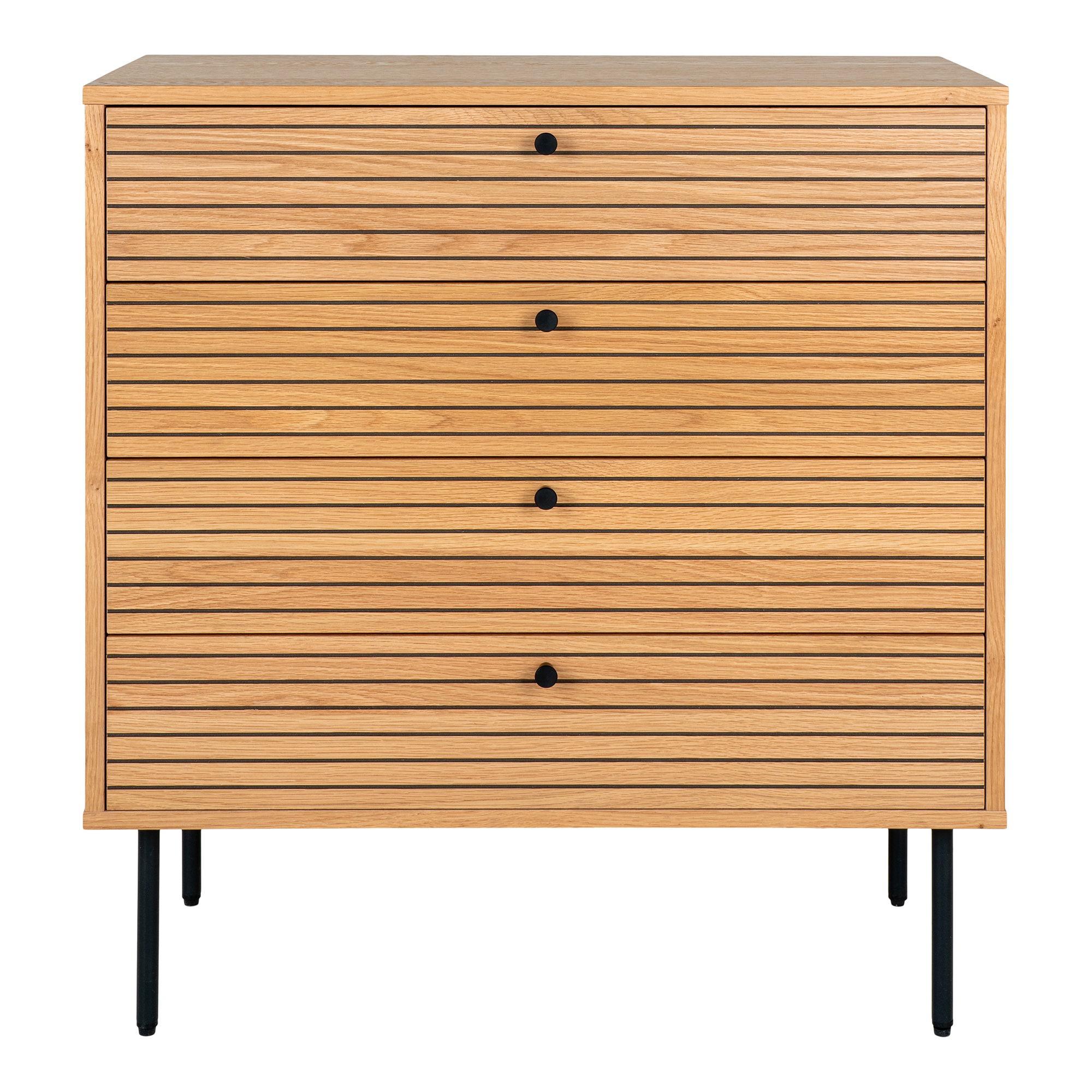 House Nordic kommode i eikefiner med fire skuffer og ben i sort metall, 80x40x85 cm