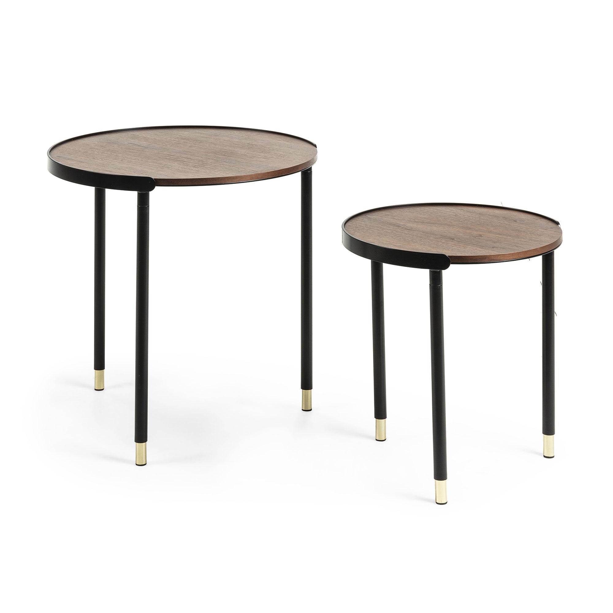 KAVE HOME Aliner sett med to runde nestbare sidebord i valnøttfinish og svart metall