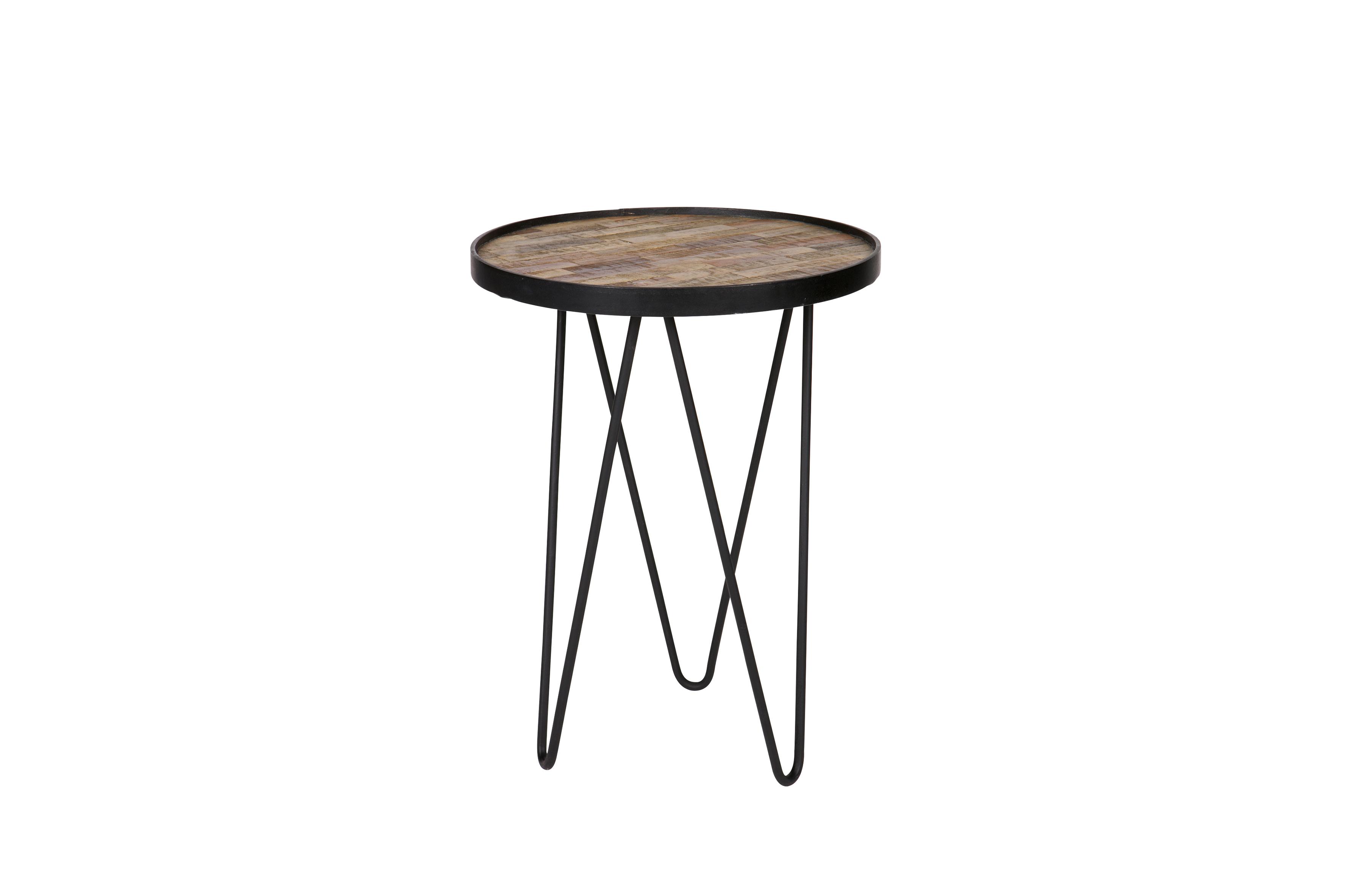 WOOOD Liv rundt sidebord med topp i resirkulert teak og understell i svart jern
