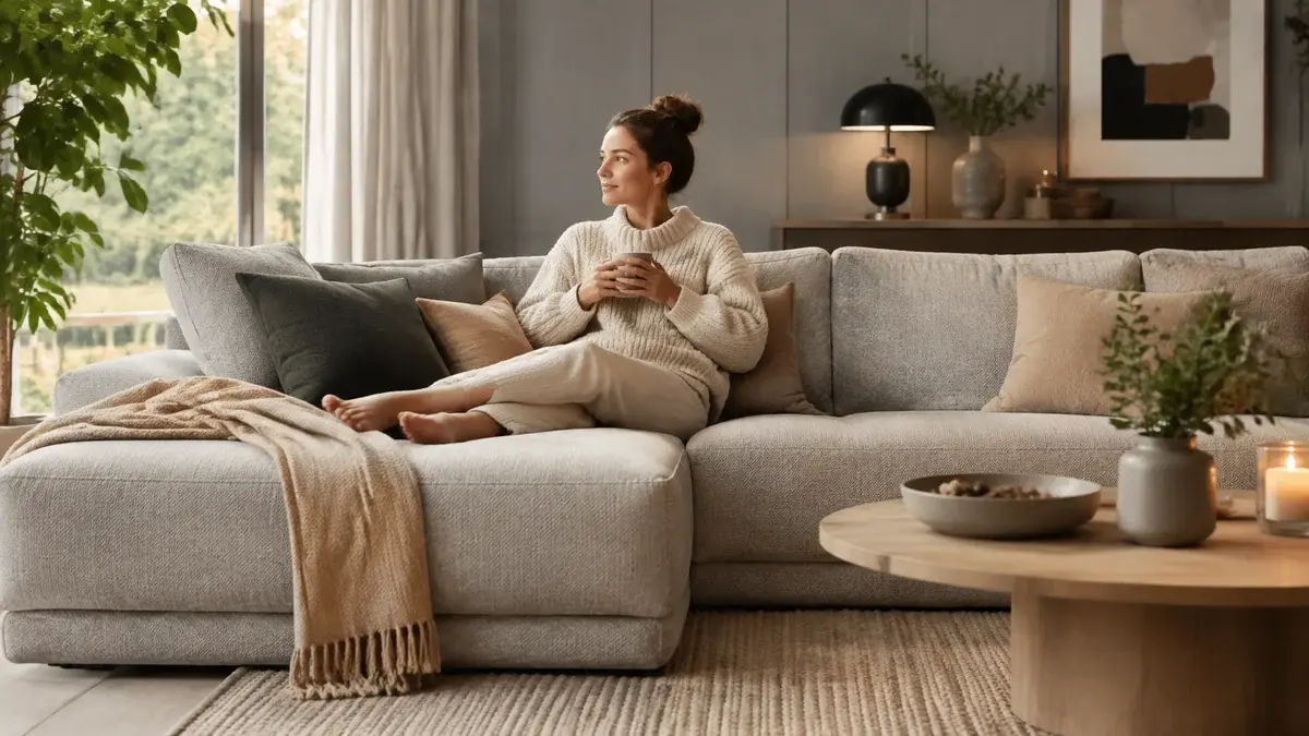 Stue med 3-seters sofa i et varmt nordisk interiør med tre og tekstil