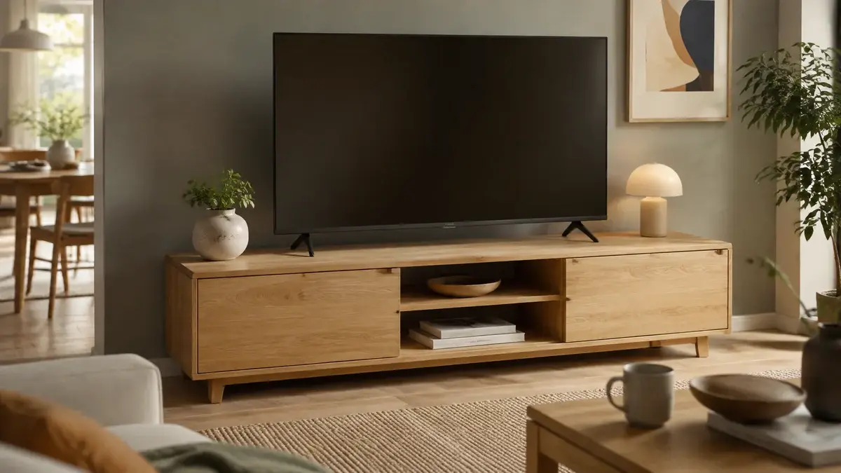 TV-benk i eik og hvitt i en moderne stue med flatskjerm og oppbevaring